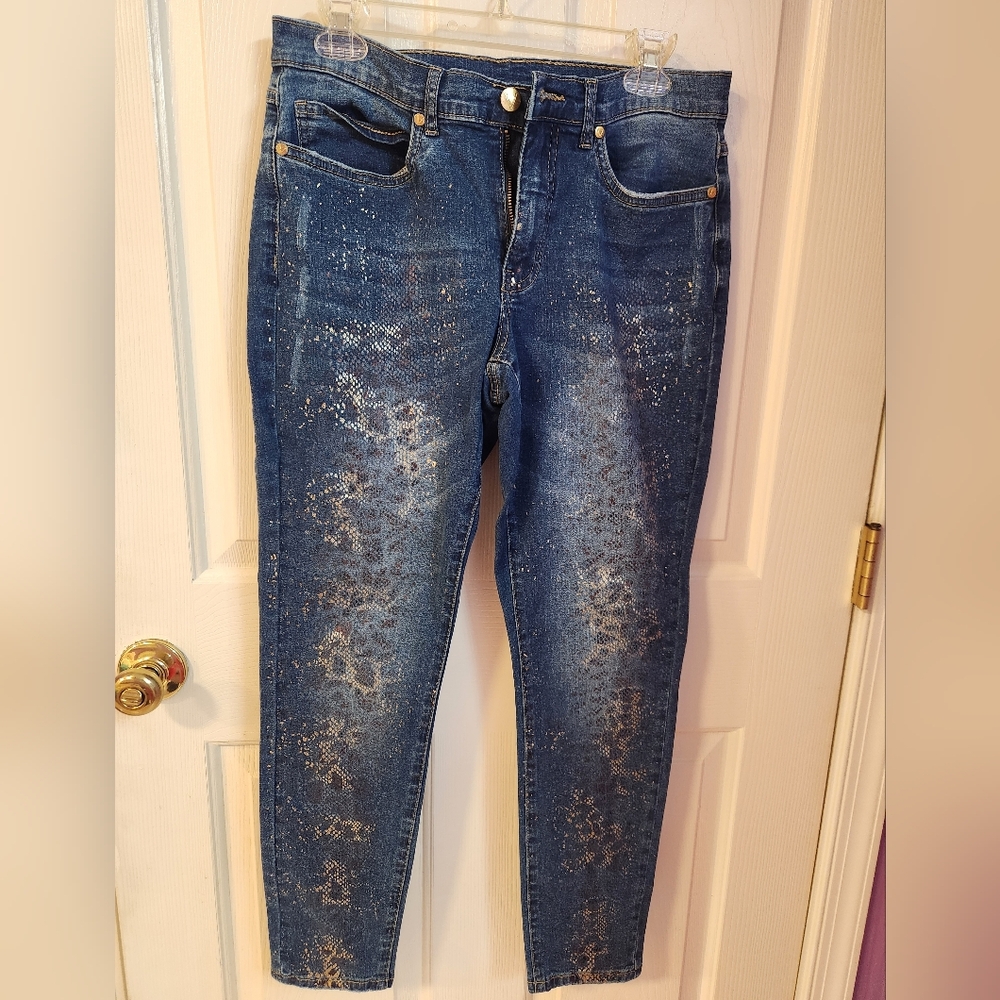 Venus Metallic Splatter Snake Skin Print Denim Skinny Jeans